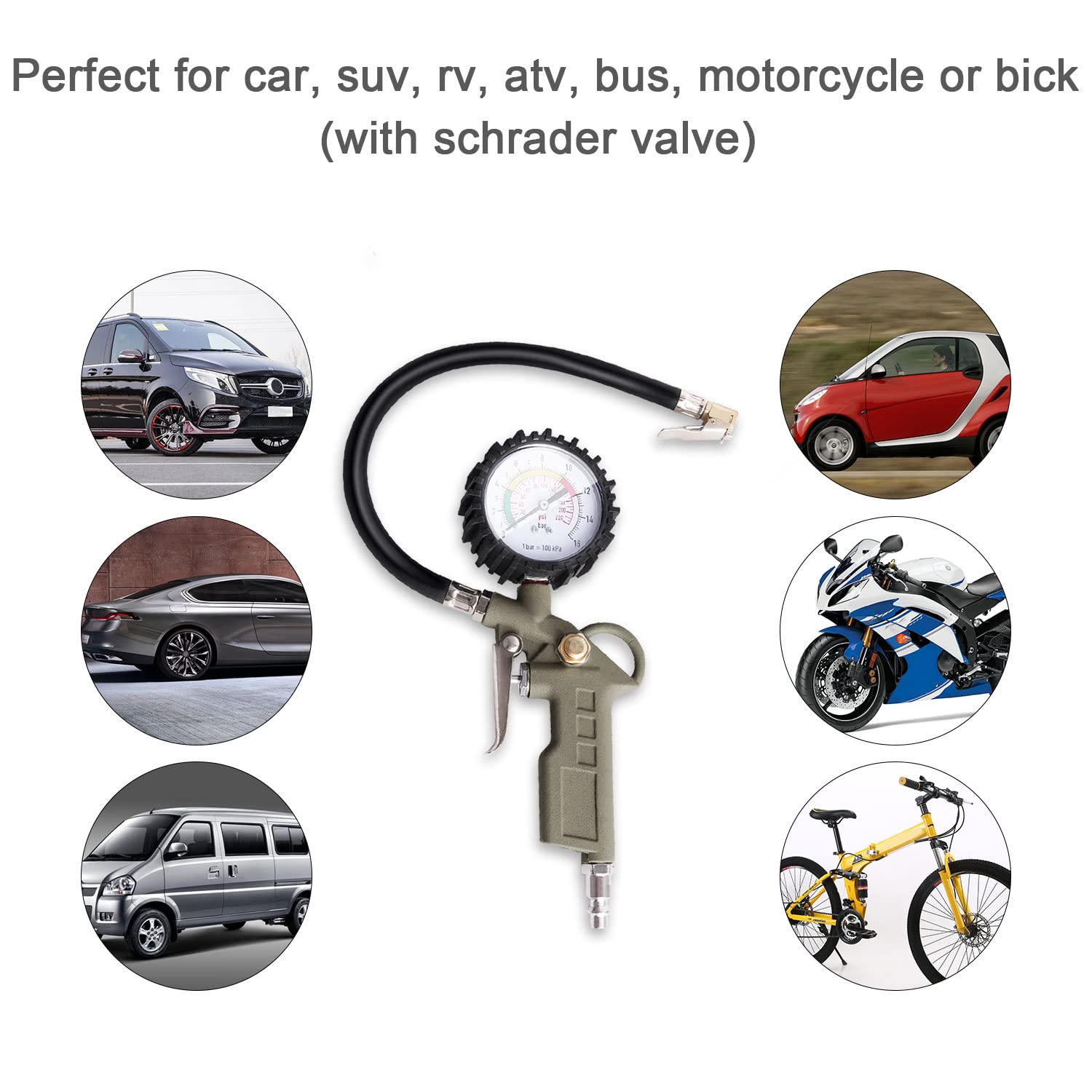 Ladfath Tire Inflator With Pressure Gauge, 0-220Psi Dial Wheel Air Tire Pressure Gauge, Heavy Duty Rubber Hose With Quick Couple